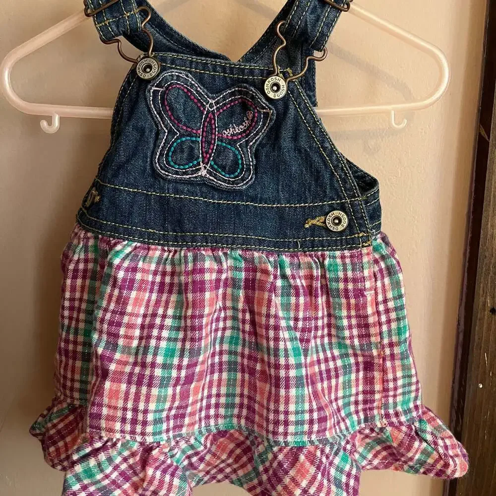 OshKosh B'Gosh Blue Denim Plaid Ruffle Vestbak Jumper Dress and shirt 6 months